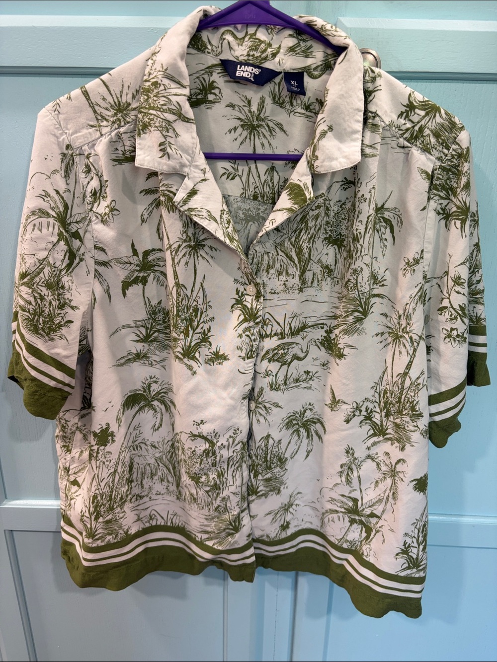 Lands' End Olive and Cream Tropical Palm-Print Camp Shirt Blouse